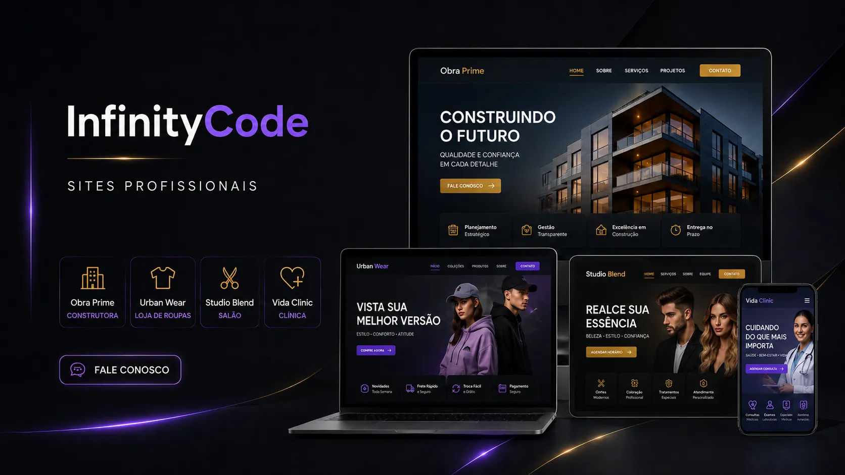 Apresentação responsiva da InfinityCode com exemplos de sites para construtora, loja de roupas, salão de beleza e clínica.