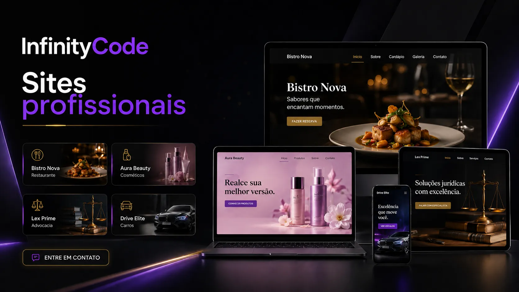 Apresentação responsiva da InfinityCode com exemplos de sites para restaurante, cosméticos, advocacia e loja de veículos.