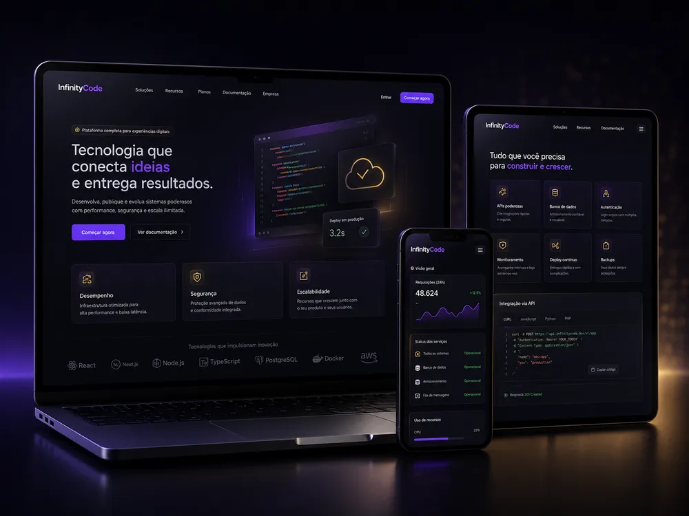 Plataforma tecnológica da InfinityCode apresentada em diferentes dispositivos.